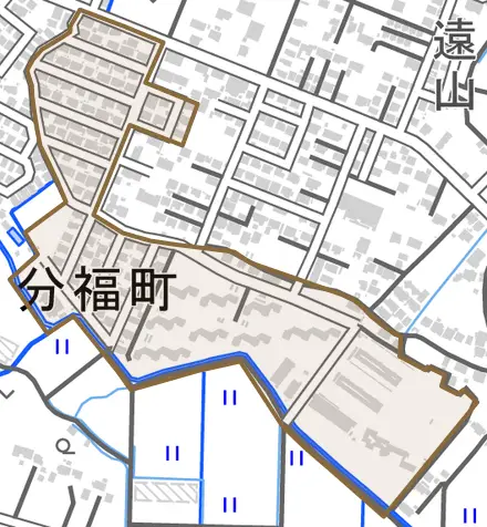 分福町とその周辺の地図。町の範囲を重ねている