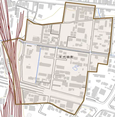 千代田町とその周辺の地図。町の範囲を重ねている