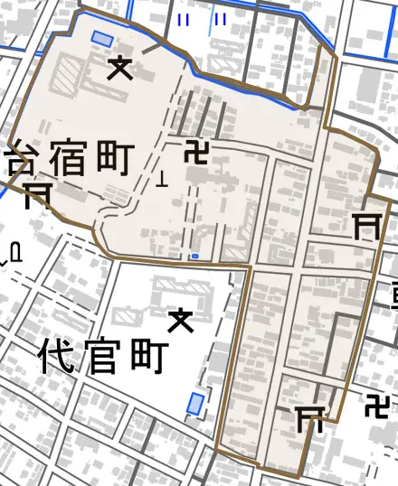 台宿町とその周辺の地図。町の範囲を重ねている