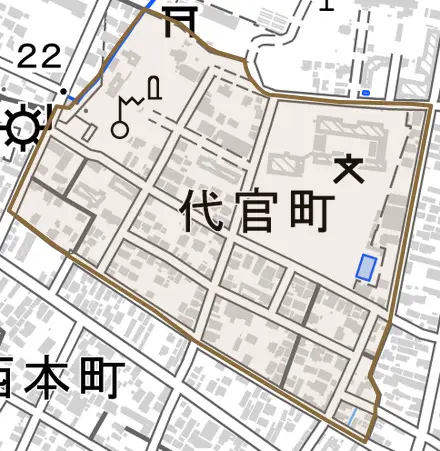 代官町とその周辺の地図。町の範囲を重ねている