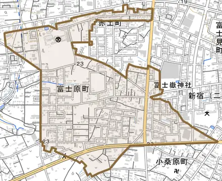 富士原町とその周辺の地図。町の範囲を重ねている