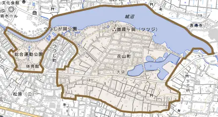 花山町とその周辺の地図。町の範囲を重ねている