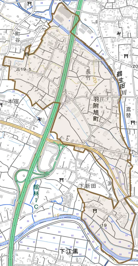 羽附旭町とその周辺の地図。町の範囲を重ねている