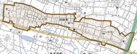 羽附町とその周辺の地図。町の範囲を重ねている