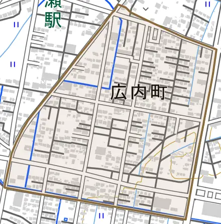 広内町とその周辺の地図。町の範囲を重ねている