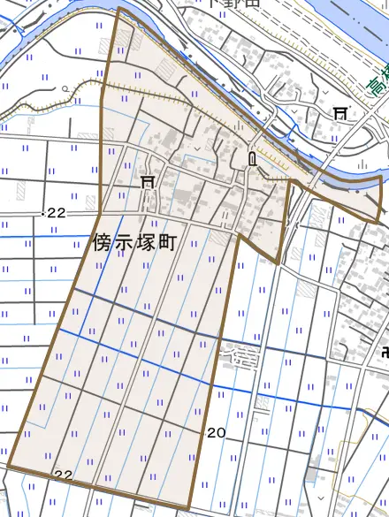 傍示塚町とその周辺の地図。町の範囲を重ねている