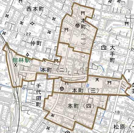 本町とその周辺の地図。町の範囲を重ねている