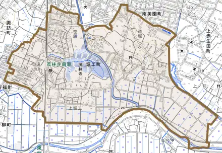 堀工町とその周辺の地図。町の範囲を重ねている