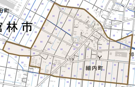 細内町とその周辺の地図。町の範囲を重ねている