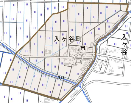 入ケ谷町とその周辺の地図。町の範囲を重ねている