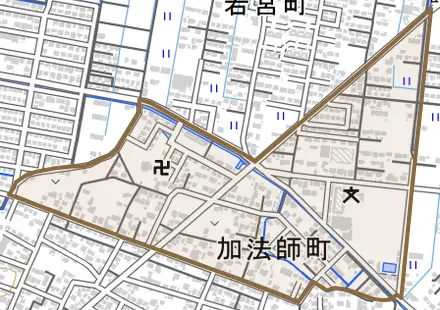 加法師町とその周辺の地図。町の範囲を重ねている