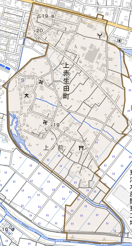 上赤生田町とその周辺の地図。町の範囲を重ねている