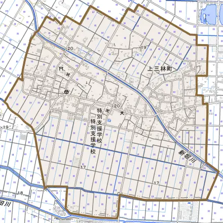 上三林町とその周辺の地図。町の範囲を重ねている