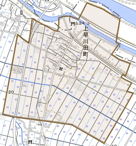 上早川田町とその周辺の地図。町の範囲を重ねている