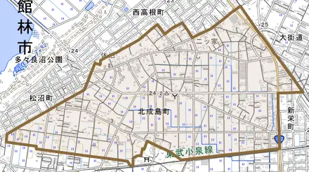 北成島町とその周辺の地図。町の範囲を重ねている