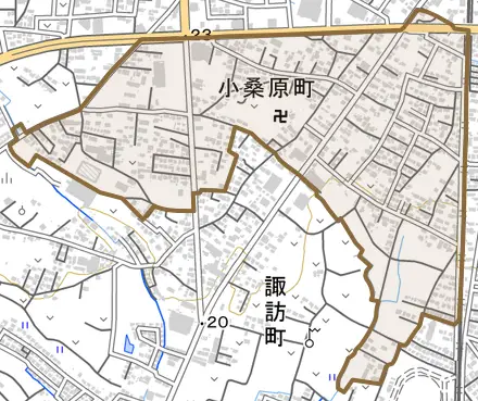 小桑原町とその周辺の地図。町の範囲を重ねている
