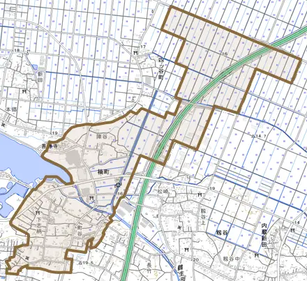 楠町とその周辺の地図。町の範囲を重ねている