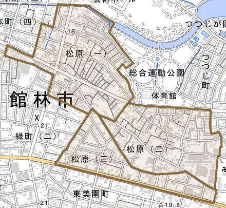 松原とその周辺の地図。町の範囲を重ねている