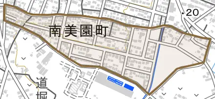 南美園町とその周辺の地図。町の範囲を重ねている