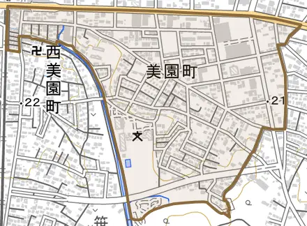 美園町とその周辺の地図。町の範囲を重ねている