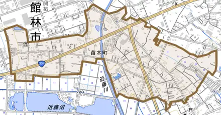 苗木町とその周辺の地図。町の範囲を重ねている