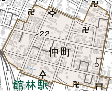 仲町とその周辺の地図。町の範囲を重ねている