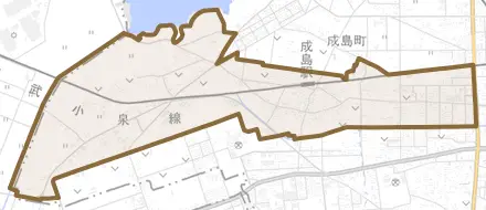 成島町とその周辺の地図。町の範囲を重ねている