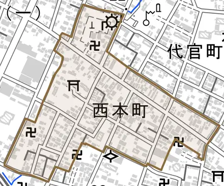 西本町とその周辺の地図。町の範囲を重ねている