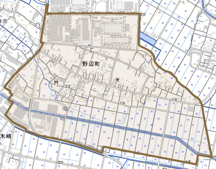 野辺町とその周辺の地図。町の範囲を重ねている
