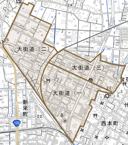 大街道とその周辺の地図。町の範囲を重ねている