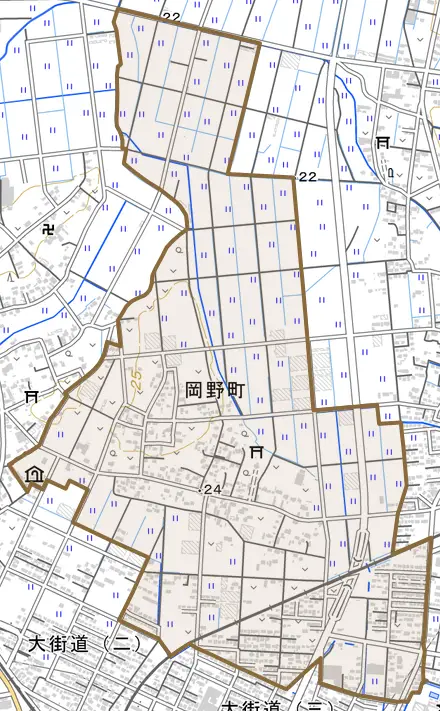 岡野町とその周辺の地図。町の範囲を重ねている