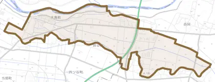 大島町とその周辺の地図。町の範囲を重ねている