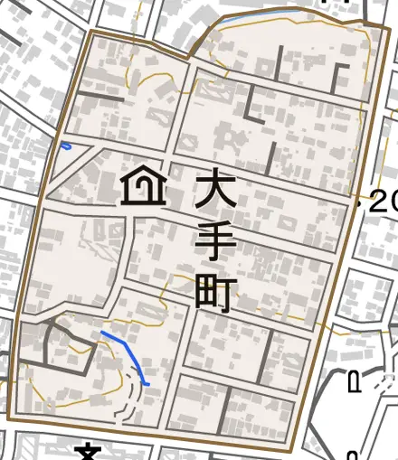 大手町とその周辺の地図。町の範囲を重ねている
