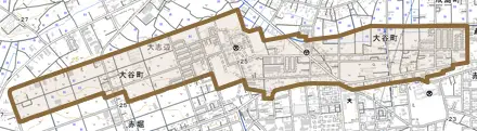 大谷町とその周辺の地図。町の範囲を重ねている
