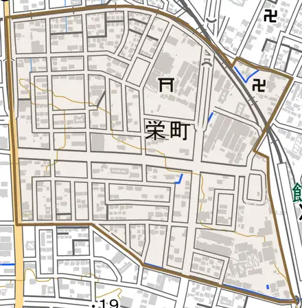 栄町とその周辺の地図。町の範囲を重ねている
