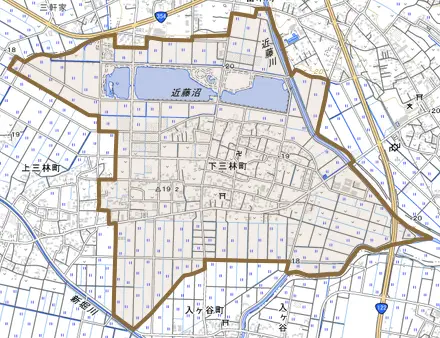 下三林町とその周辺の地図。町の範囲を重ねている