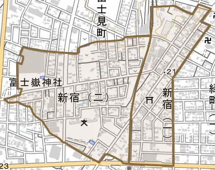 新宿とその周辺の地図。町の範囲を重ねている