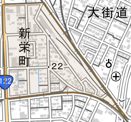 新栄町とその周辺の地図。町の範囲を重ねている