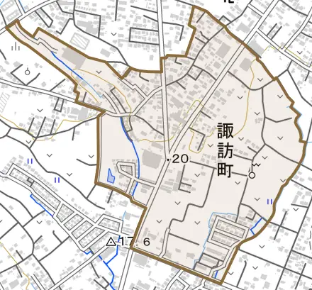 諏訪町とその周辺の地図。町の範囲を重ねている