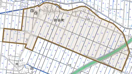 田谷町とその周辺の地図。町の範囲を重ねている