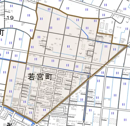 若宮町とその周辺の地図。町の範囲を重ねている