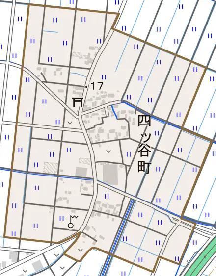 四ツ谷町とその周辺の地図。町の範囲を重ねている
