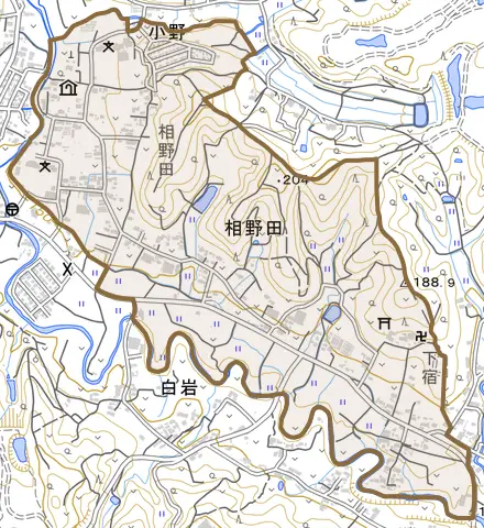 相野田とその周辺の地図。町の範囲を重ねている