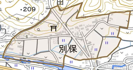 別保とその周辺の地図。町の範囲を重ねている