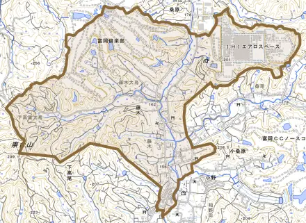 藤木とその周辺の地図。町の範囲を重ねている