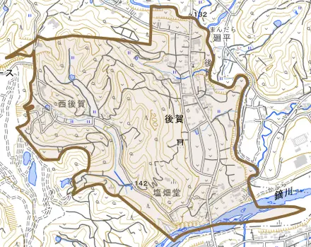 後賀とその周辺の地図。町の範囲を重ねている