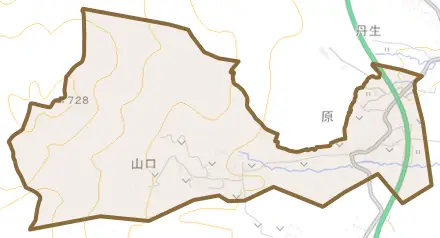 原とその周辺の地図。町の範囲を重ねている
