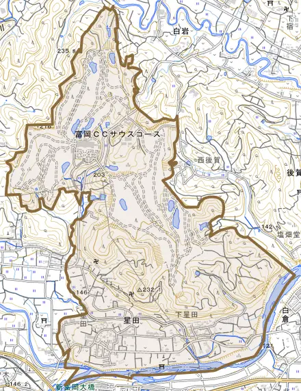 星田とその周辺の地図。町の範囲を重ねている