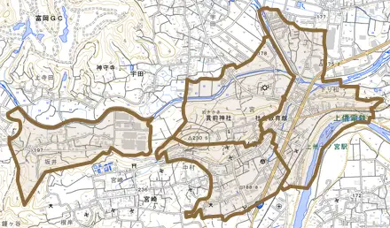 一ノ宮とその周辺の地図。町の範囲を重ねている
