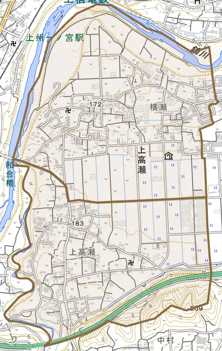 上高瀬とその周辺の地図。町の範囲を重ねている